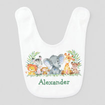 Watercolor Safari Baby Animals Green Bib
