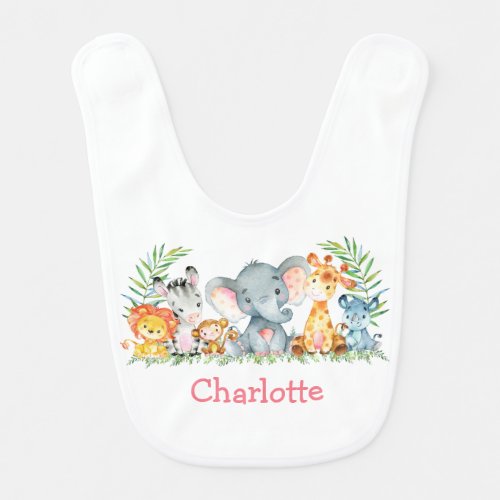 Watercolor Safari Baby Animals Pink Baby Bib