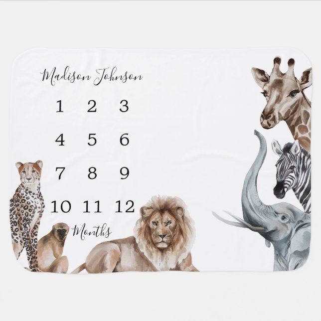 Watercolor Safari Baby Milestone Months Baby Blanket (Horizontal)