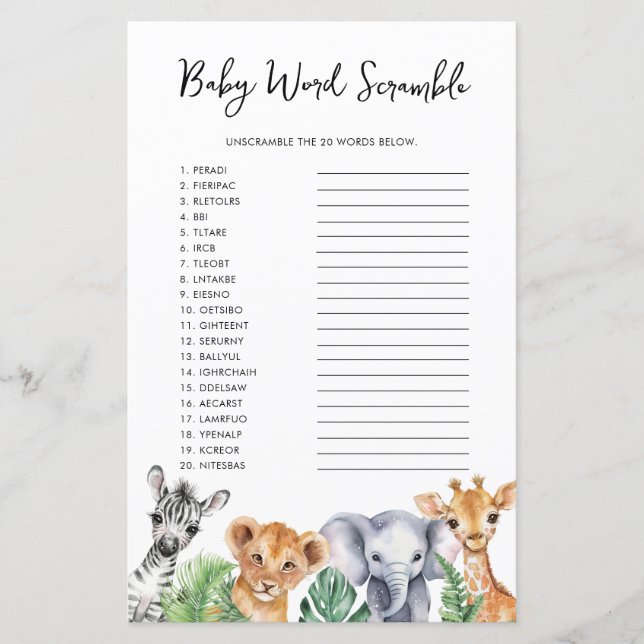 Watercolor Safari Baby Shower Baby Word Scramble (Front)