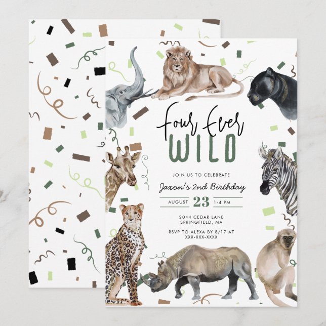 Watercolor Safari Four Ever Wild Birthday  Invitation (Front/Back)