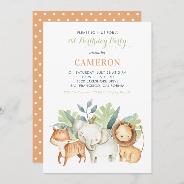 Watercolor Safari Friends Kids Birthday Party Invitation (Front/Back)