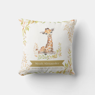 Watercolor Safari Giraffe Green Nursery Birth Stat Throw Pillow