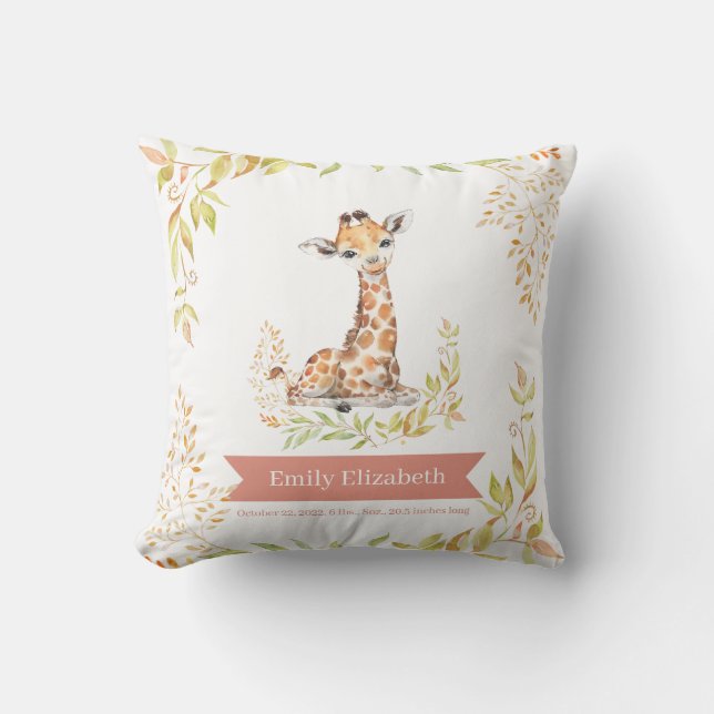 Watercolor Safari Giraffe Nursery Birth Stat Throw Pillow (Front)