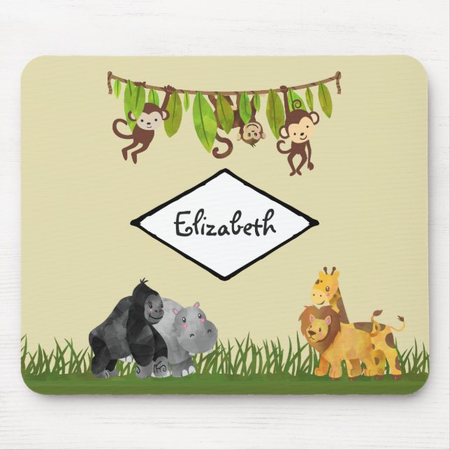 Watercolor Safari Jungle Animal Illustration Mouse Pad (Front)