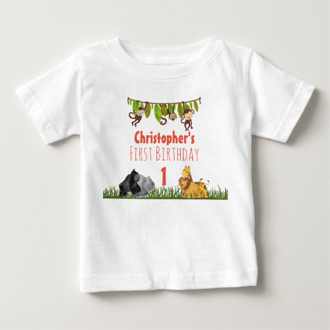 Watercolor Safari Jungle Animals First Birthday Baby T-Shirt (Front)