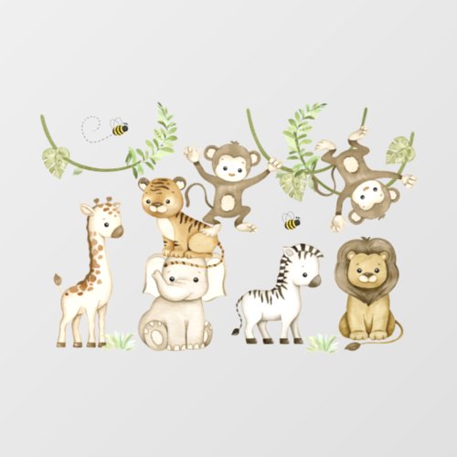 Watercolor Safari Jungle Animals Monkey Elephant  Wall Decal