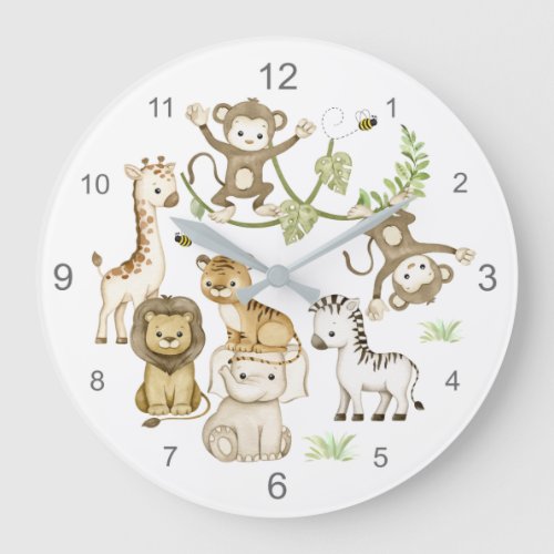 Watercolor Safari Jungle Animals Nursery Kids  Large Clock
