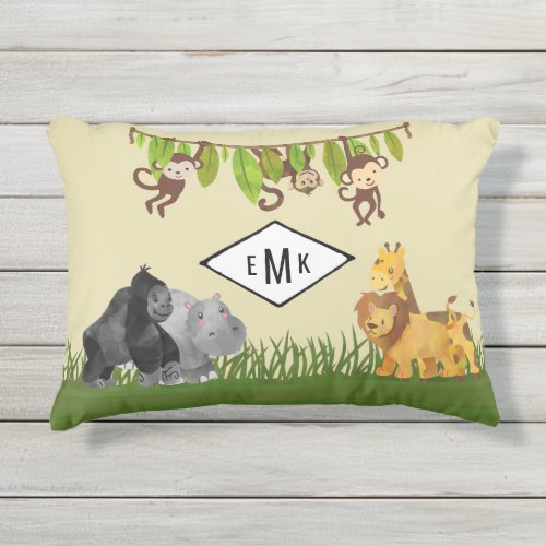 Watercolor Safari Jungle Animals with Monogram Outdoor Pillow