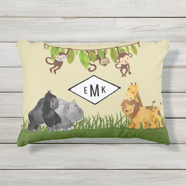 Watercolor Safari Jungle Animals with Monogram Outdoor Pillow (Front)
