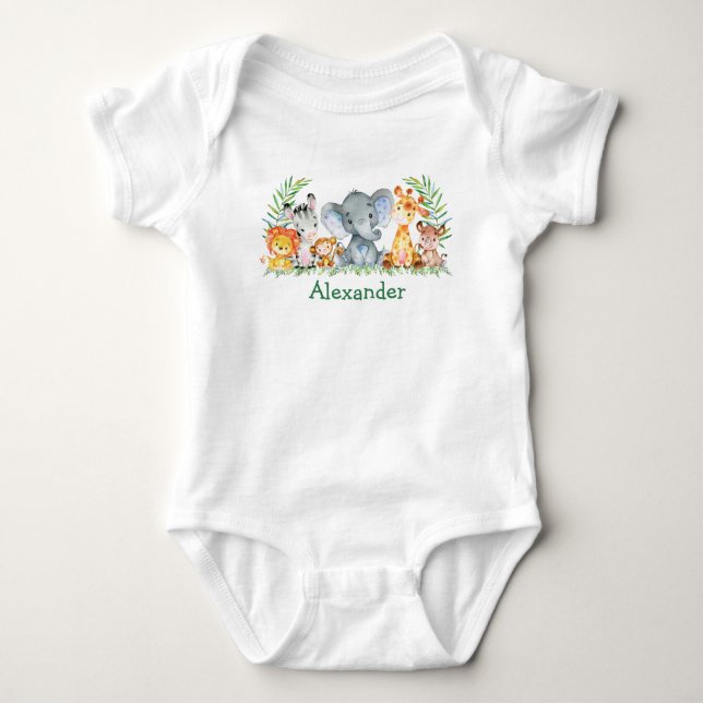 Watercolor Safari Jungle Baby Animals Baby Bodysuit (Front)