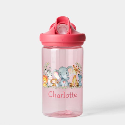 Watercolor Safari Jungle Baby Animals Pink Name Water Bottle