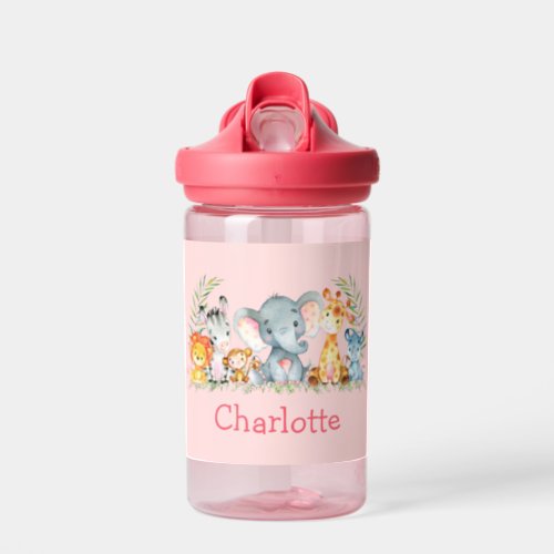 Watercolor Safari Jungle Baby Animals Pink Water Bottle