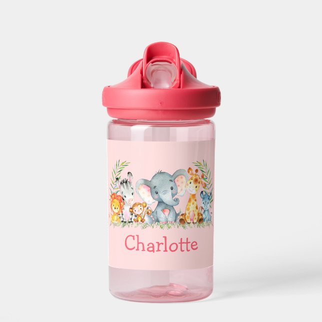 Watercolor Safari Jungle Baby Animals Pink Water Bottle (Front)