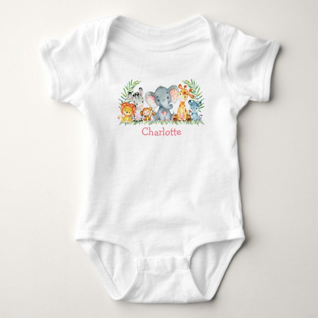 Watercolor Safari Jungle Cute Baby Animals Baby Bodysuit (Front)