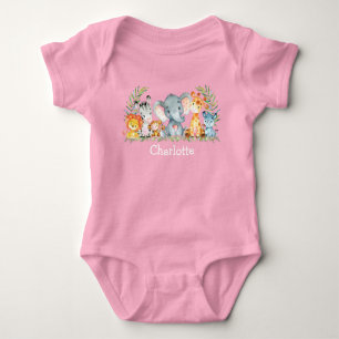 Watercolor Safari Jungle Cute Baby Animals Pink Baby Bodysuit