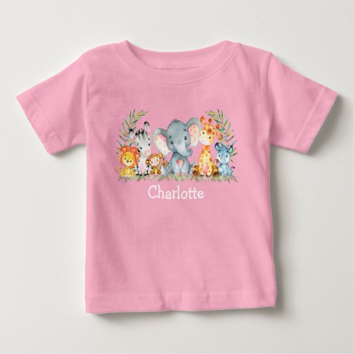 Watercolor Safari Jungle Cute Baby Animals Pink Baby T_Shirt
