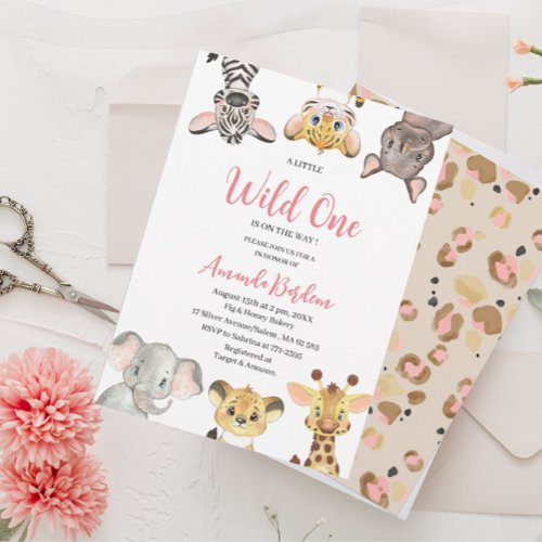 Watercolor Safari Theme Girls 1st Birthday Party  Invitation