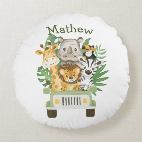 Watercolor Safari Wild Animals in a car Round Pillow