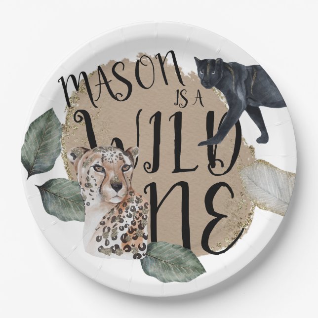 Watercolor Safari Wild One Animal Birthday Party Paper Plates (Front)