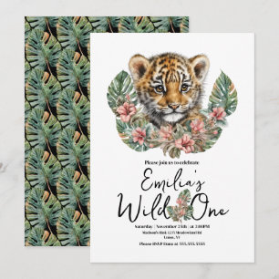 Watercolor Safari Wild One Baby Tiger Cub Birthday Invitation
