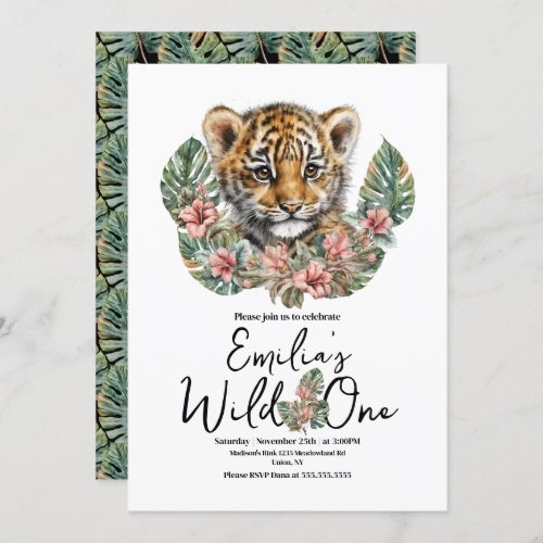 Watercolor Safari Wild One Baby Tiger Cub Birthday Invitation