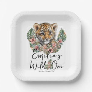 Watercolor Safari Wild One Baby Tiger Cub Birthday Paper Plates