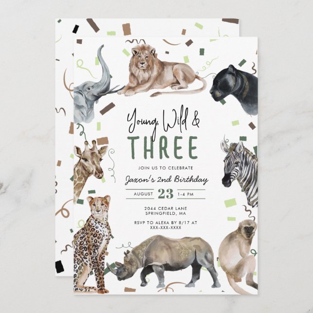 Watercolor Safari Young Wild & Three Birthday Invitation (Front/Back)
