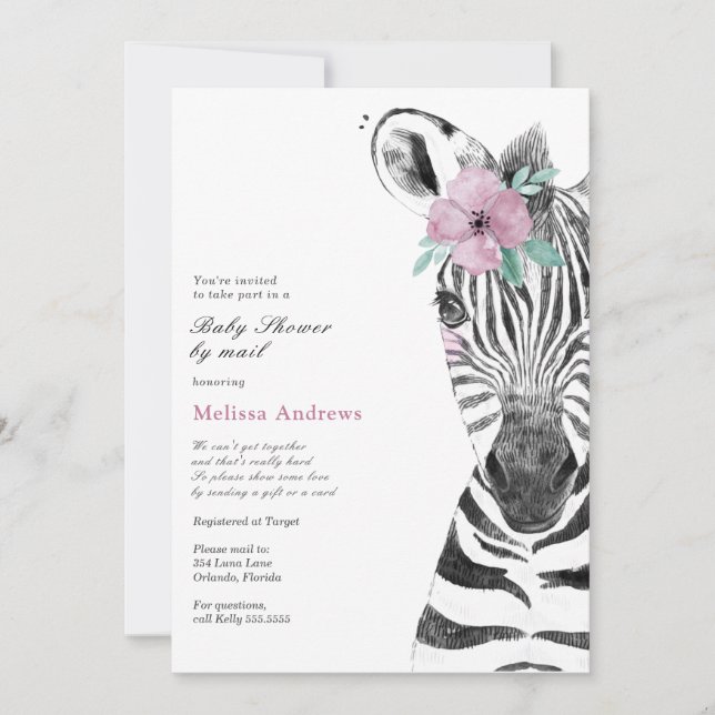 Watercolor Safari Zebra Baby Shower by Mail Invitation (Front)