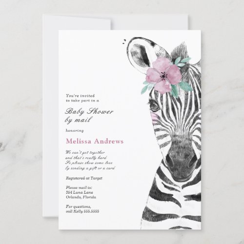 Watercolor Safari Zebra Baby Shower by Mail Invitation