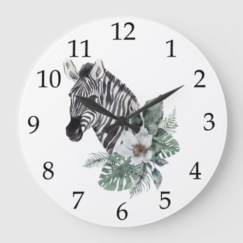 Watercolor Safari Zebra Tropical Flowers Large Clock