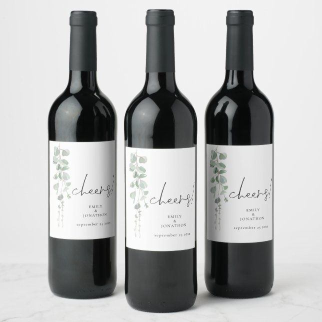 Watercolor Sage Eucalyptus Cheers Names Wedding Wine Label (Bottles)