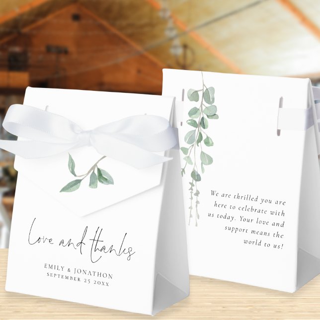 Watercolor Sage Eucalyptus Love Thanks Wedding Favor Boxes (Front and back view)