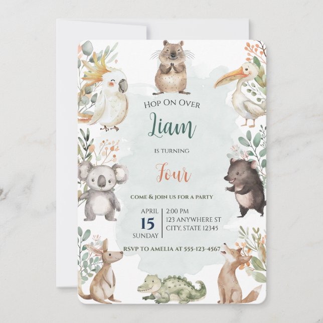 Watercolor Sage Green Australian Animals Birthday Invitation (Front)