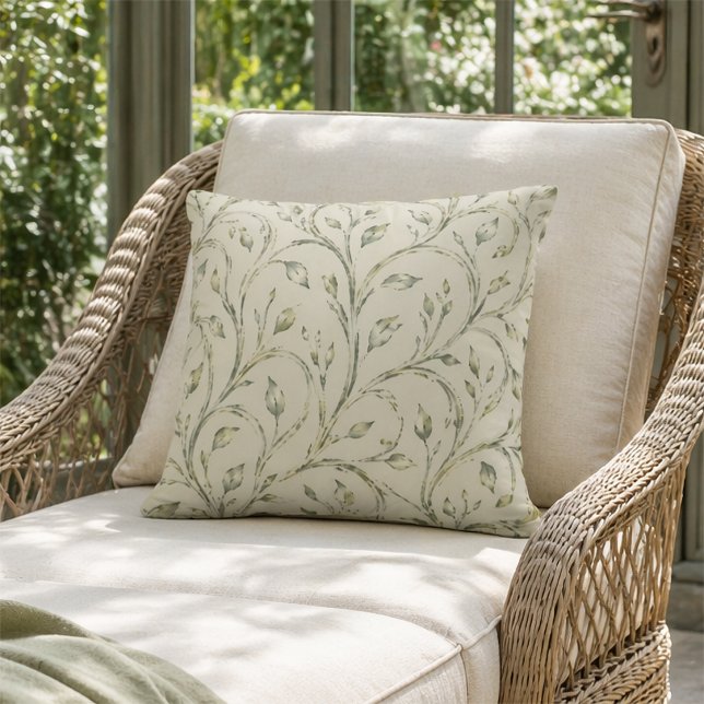 Watercolor Sage Green Botanical Leaf Pattern Throw Pillow (Creator Uploaded)