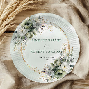 Watercolor Sage Green Botanical Wedding Paper Plat Plates
