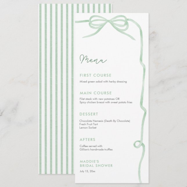 Watercolor Sage Green Bow Bridal Shower Individual Menu (Front/Back)