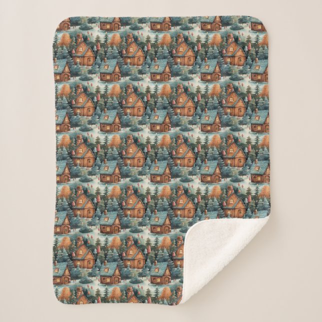 Watercolor sage green Christmas gingerbread houses Sherpa Blanket (Front)