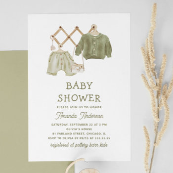 Watercolor Sage Green Clothes. Cute Baby Shower Invitation by RemioniArt at Zazzle