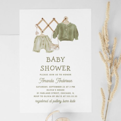 Watercolor sage green clothes Cute baby shower Invitation