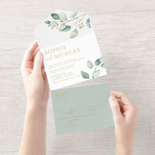 Watercolor Sage Green Eucalyptus Wedding All In One Invitation