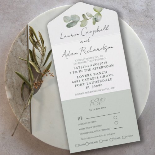 Watercolor Sage Green Eucalyptus Wedding All In One Invitation
