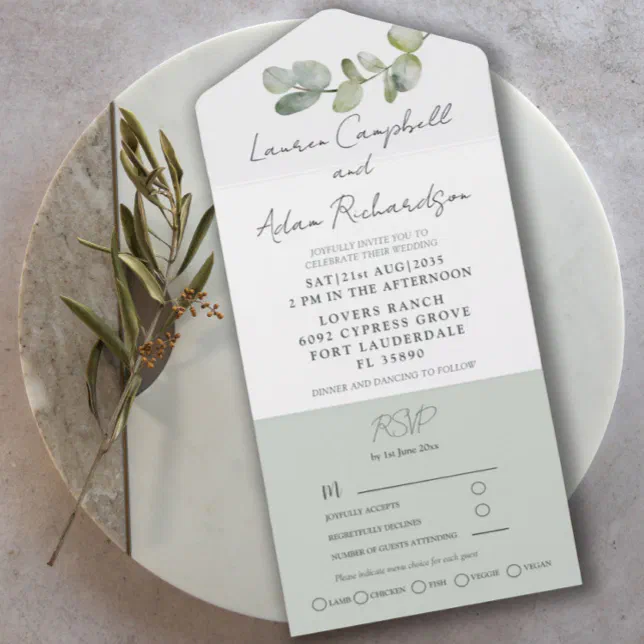 Watercolor Sage Green Eucalyptus Wedding All In One Invitation Zazzle