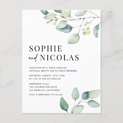 Watercolor Sage Green Eucalyptus Wedding Invitation Postcard