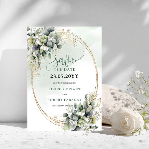 Watercolor Sage Green Foliage Save The Date