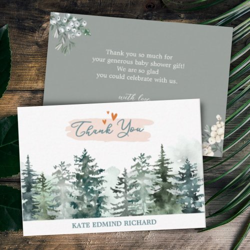 Watercolor Sage Green Forest Pine Baby Shower Than Note Card
