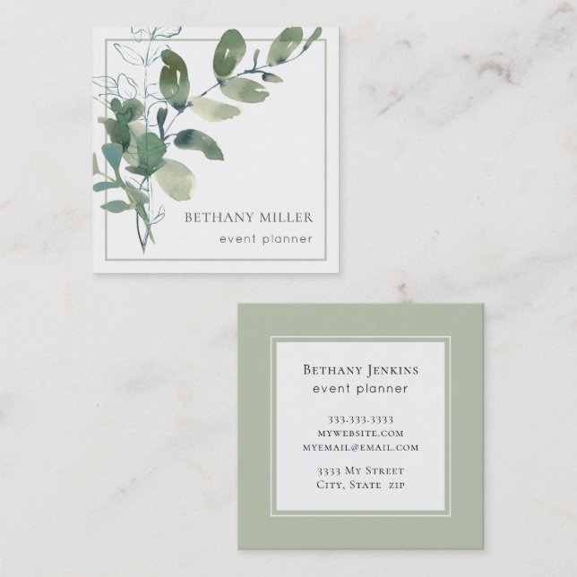  Watercolor Sage Green Greenery Business Card (Front/Back)