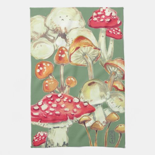 Watercolor Sage Green Mushroom Botanical Nature Ki Kitchen Towel