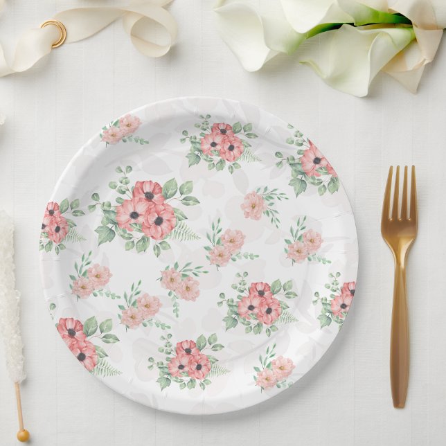 Watercolor Sage Green & Pink Floral Party Paper Plates (Creator Uploaded)