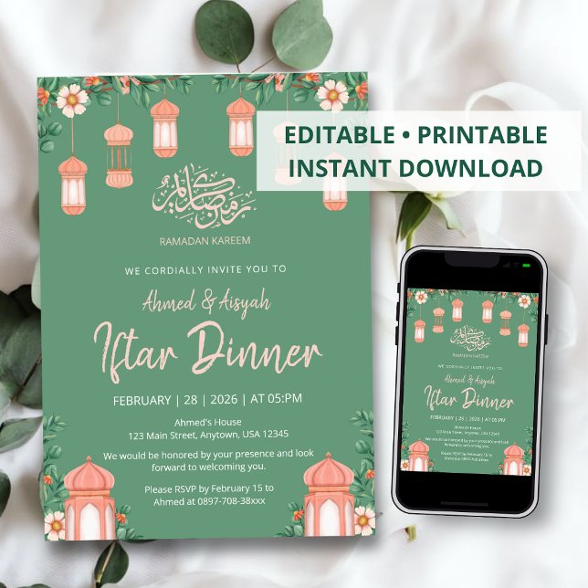 Watercolor Sage Green & Pink Lanterns Iftar Invitation (Creator Uploaded)